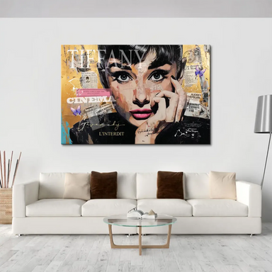 Contemporary Pop Art collage featuring Audrey Hepburn with newspaper clippings