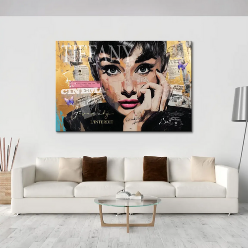 Contemporary Pop Art collage featuring Audrey Hepburn with newspaper clippings