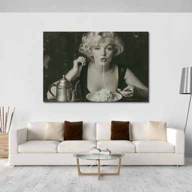 Central Marilyn Monroe portrait eating pasta in a sepia-toned canvas