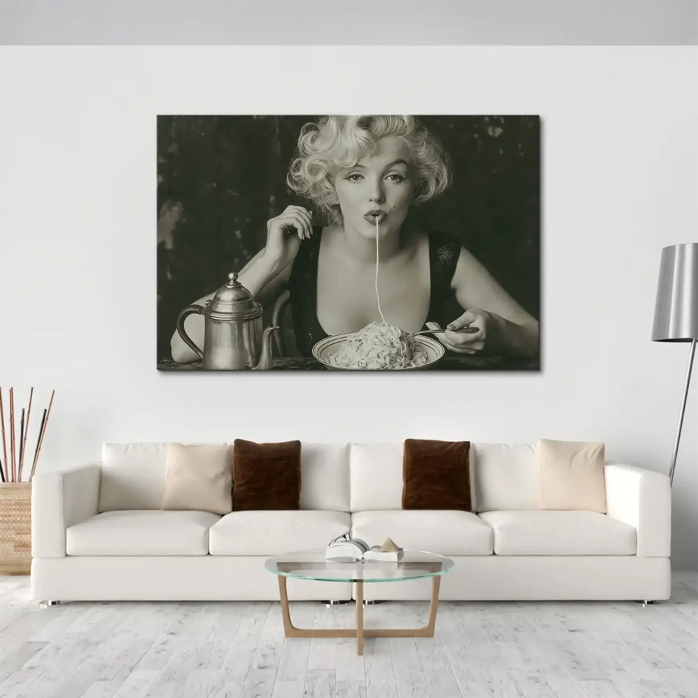 Central Marilyn Monroe portrait eating pasta in a sepia-toned canvas