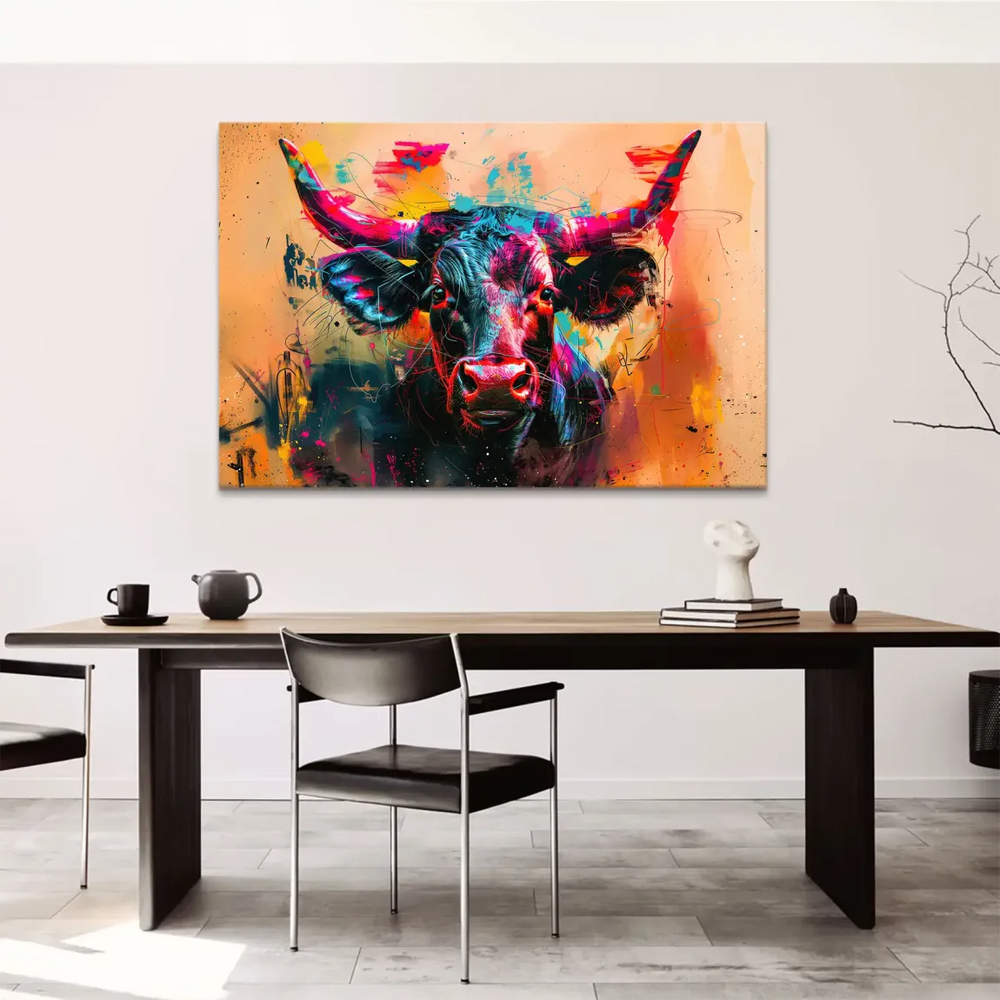 Dynamic splatters and abstract strokes behind the bull, creating an energetic contemporary mood.