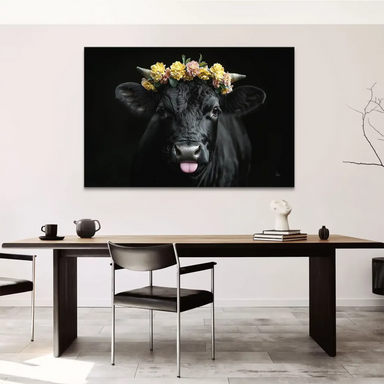 Animal wall art featuring a realistic cow portrait with flowers