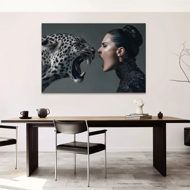 Bold contemporary wall art blending animal and fashion imagery for modern interiors.