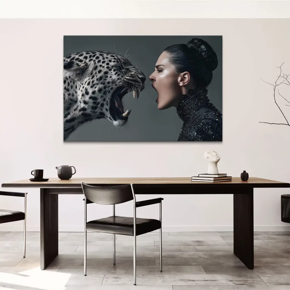 Bold contemporary wall art blending animal and fashion imagery for modern interiors.