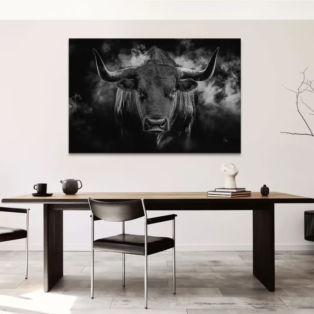 Monochrome bull head canvas art with dramatic lighting and dark, moody atmosphere.
