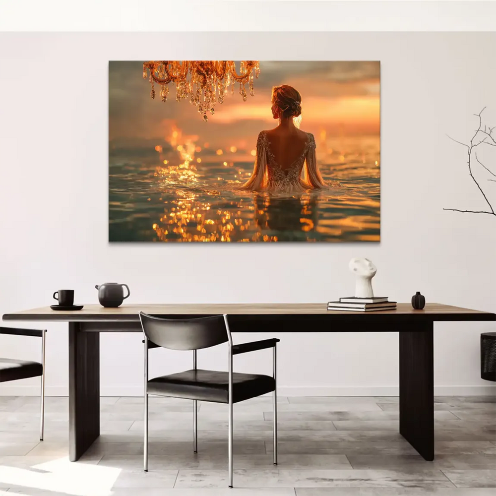 Rich gold and amber tones with reflections on water in a romantic fantasy wall art setting.
