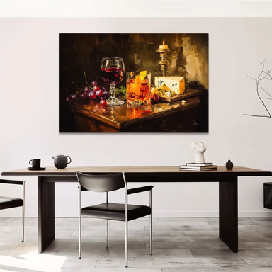 Classic still-life wall art featuring wine, cheese, grapes, and candlelight in a Dutch Golden Age-inspired composition.