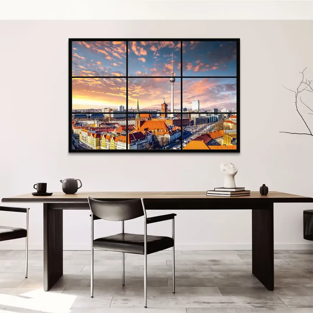 Urban wall art showing a modern Berlin skyline ideal for living rooms