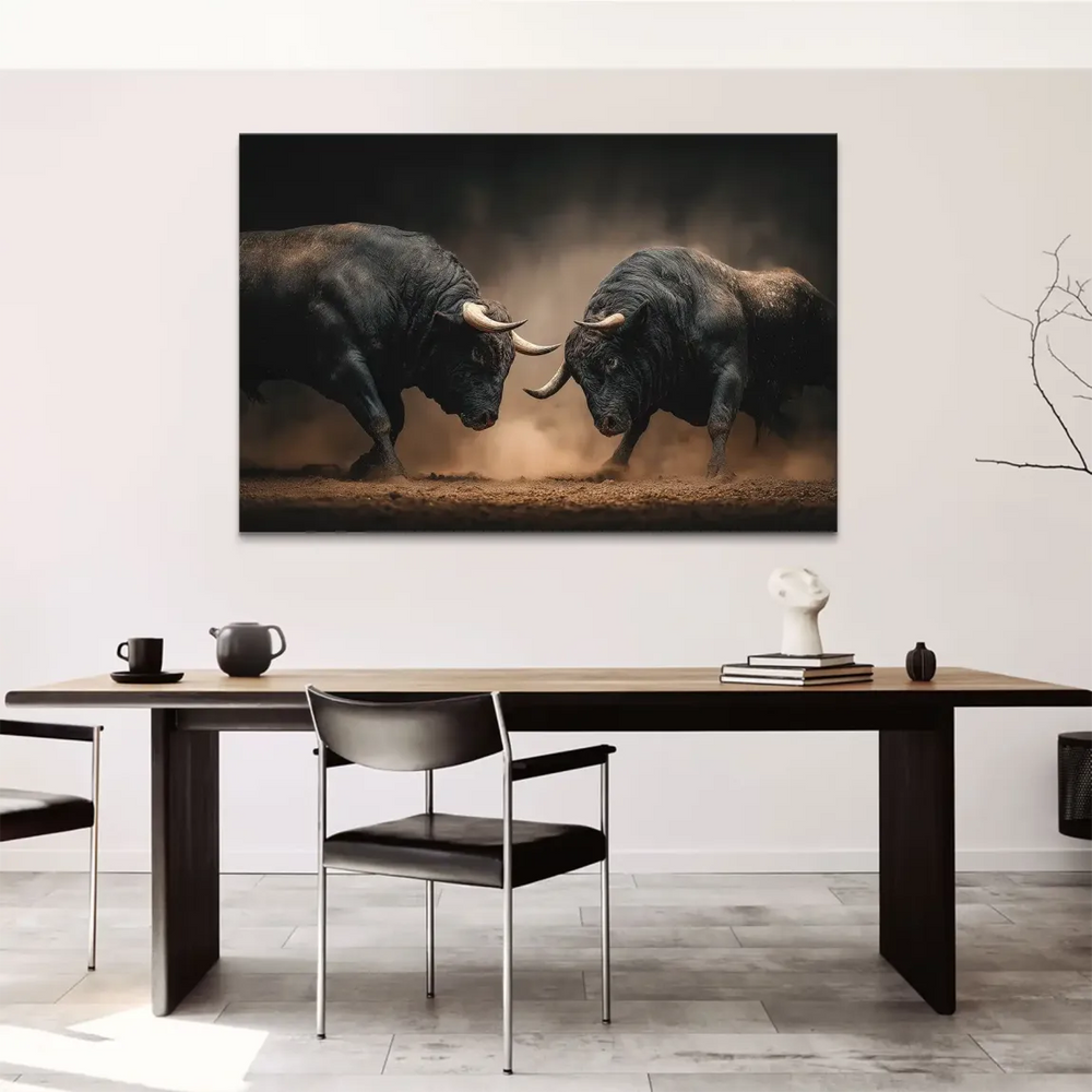 Wider view of Bulls of Valor showing the tense standoff against a dark moody backdrop