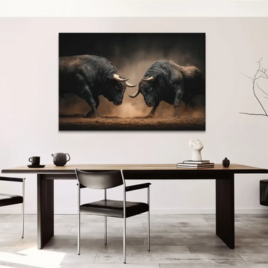 Wider view of Bulls of Valor showing the tense standoff against a dark moody backdrop
