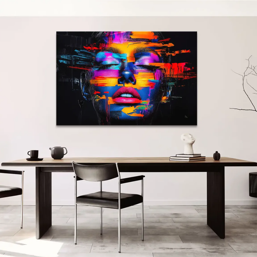 Neon portrait on canvas with fragmented brushstrokes and vivid hues of pink, blue, orange, yellow, and purple.