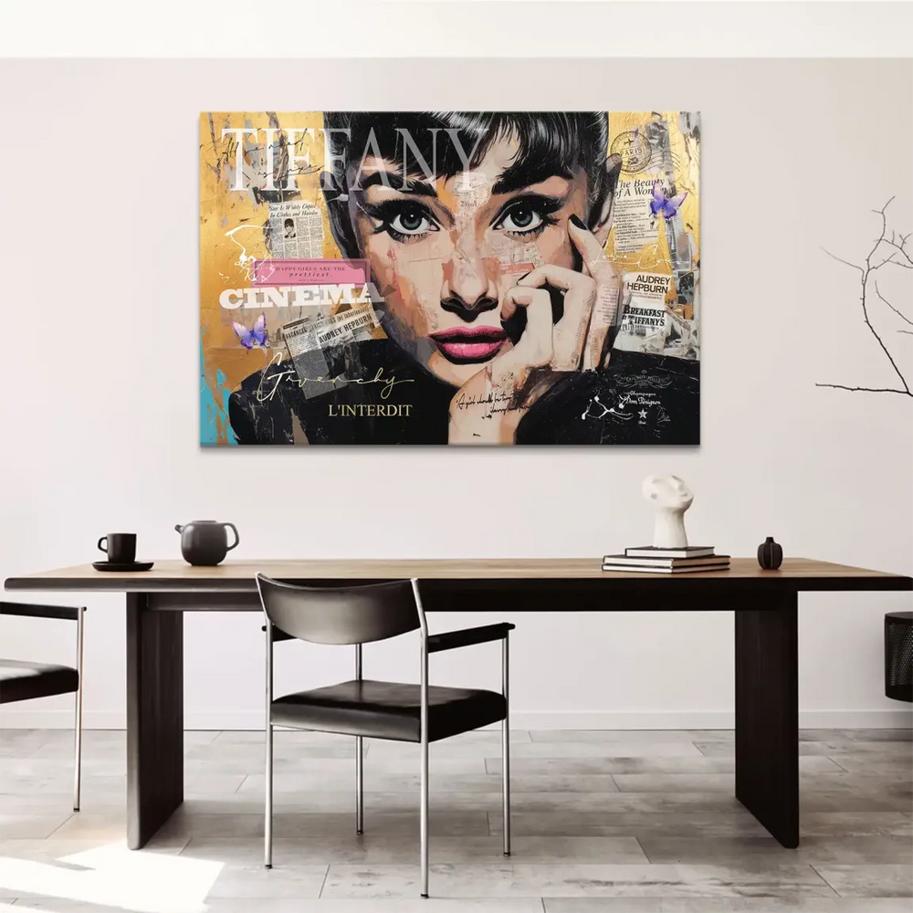 Gold and black pop art canvas with pink butterfly accents