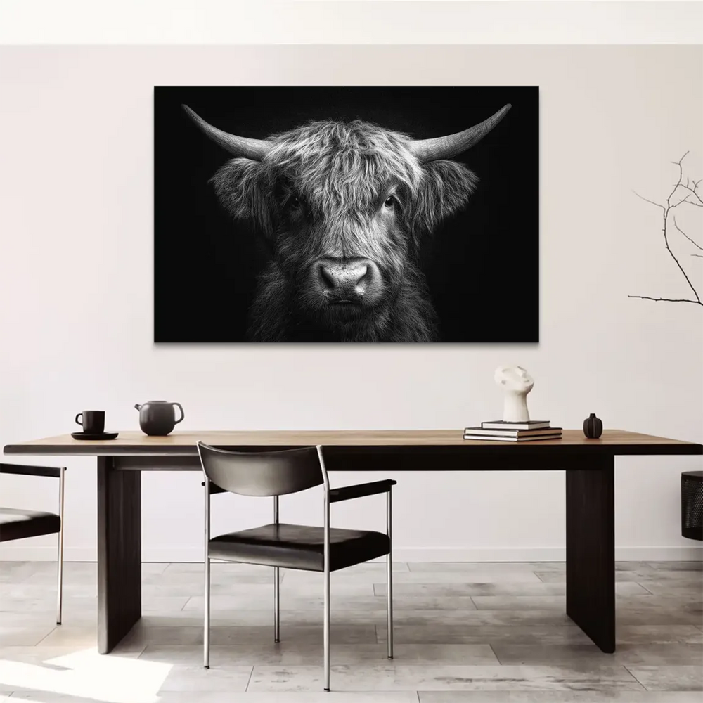 Highland cow head-on portrait in black and white on canvas