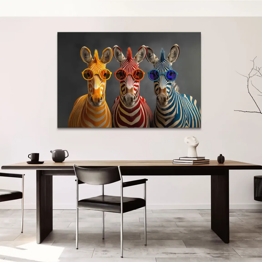Vibrant zebra artwork with bold color blocks, showcasing Pop Art influence.