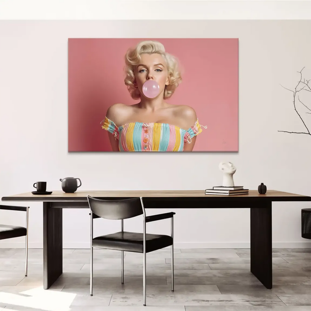 Close-up of Marilyn Monroe’s blue eyes and retro hairstyle on a vibrant pink Pop Art canvas