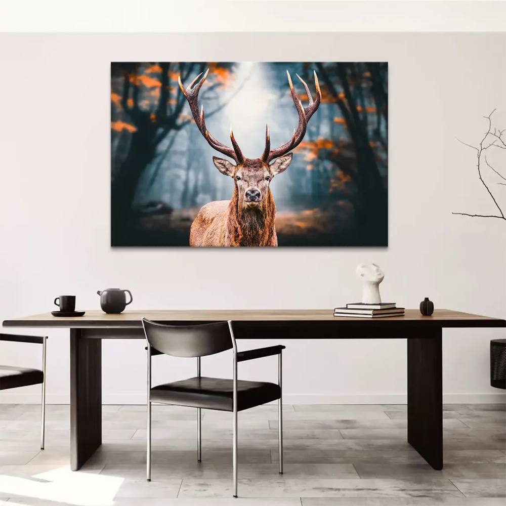 Dreamy wildlife wall art featuring a deer looking toward the viewer amid a tranquil forest scene