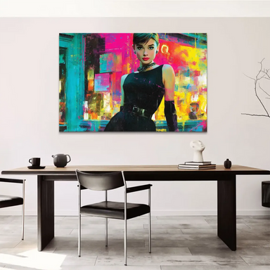 Electric pinks, blues, and yellows create a dynamic Pop Art backdrop around the portrait.