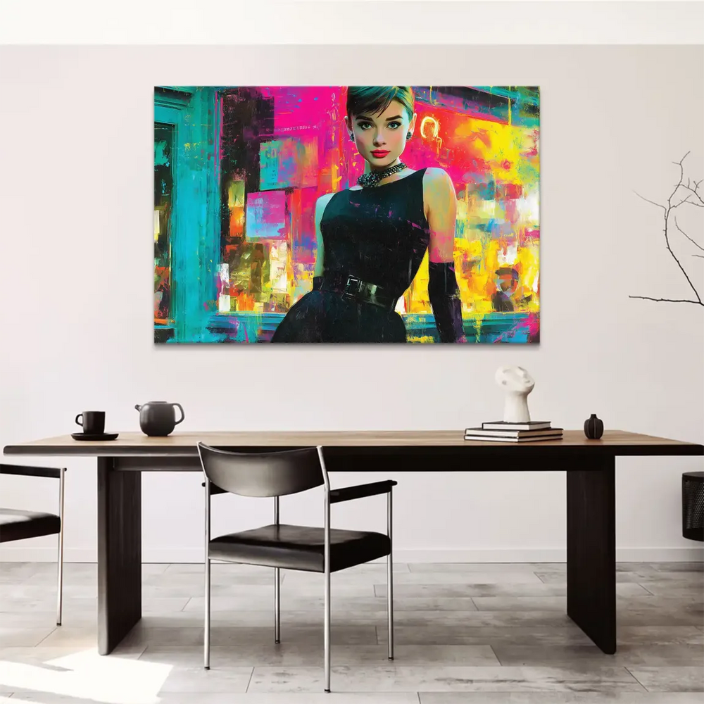 Electric pinks, blues, and yellows create a dynamic Pop Art backdrop around the portrait.