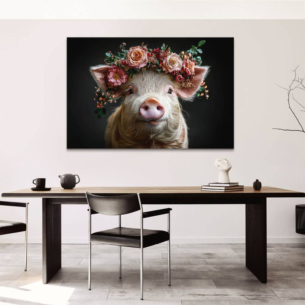 Close-up portrait of a pig with a floral crown