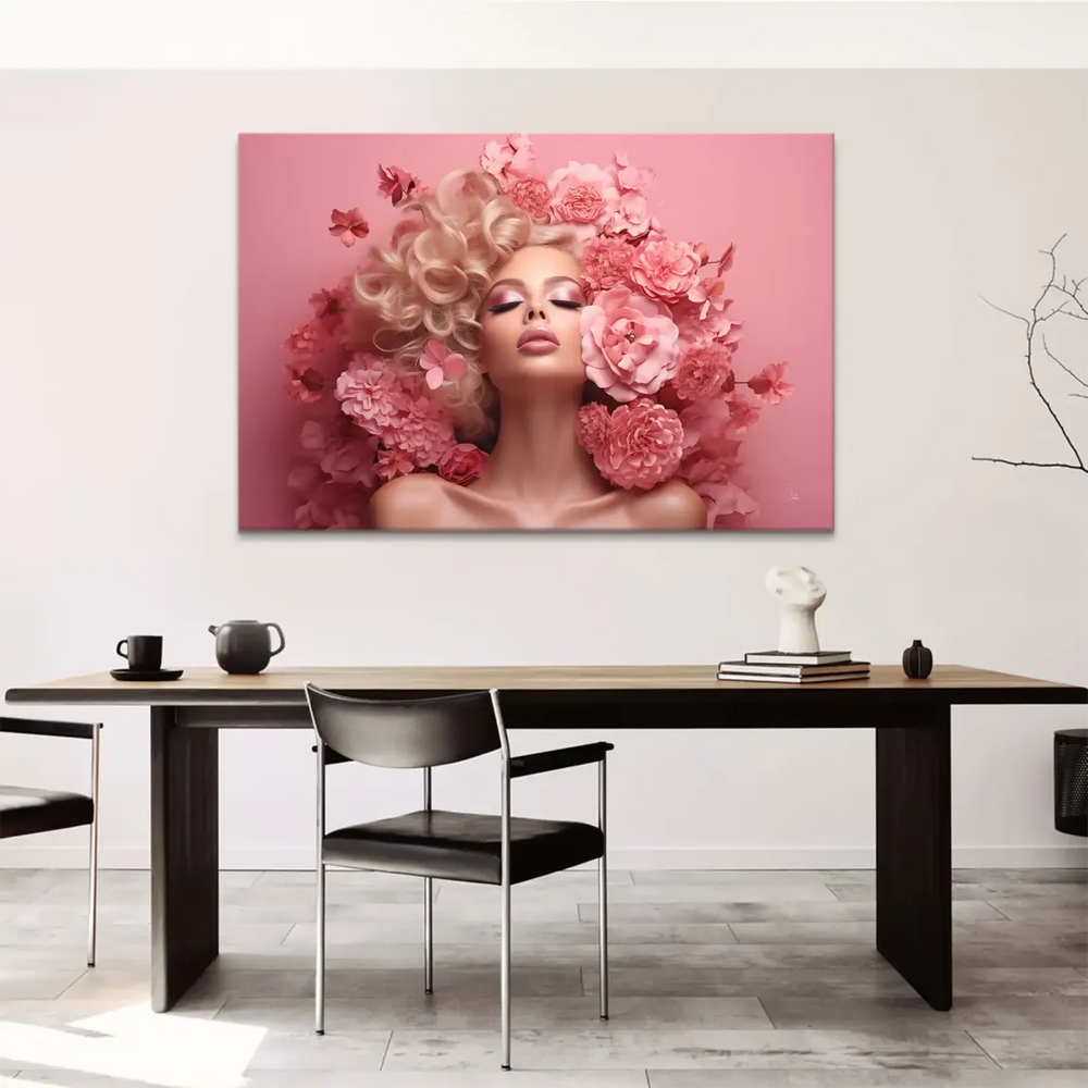 Fashion-inspired portrait in pink hues with blossoms, creating a romantic floral wall art piece.