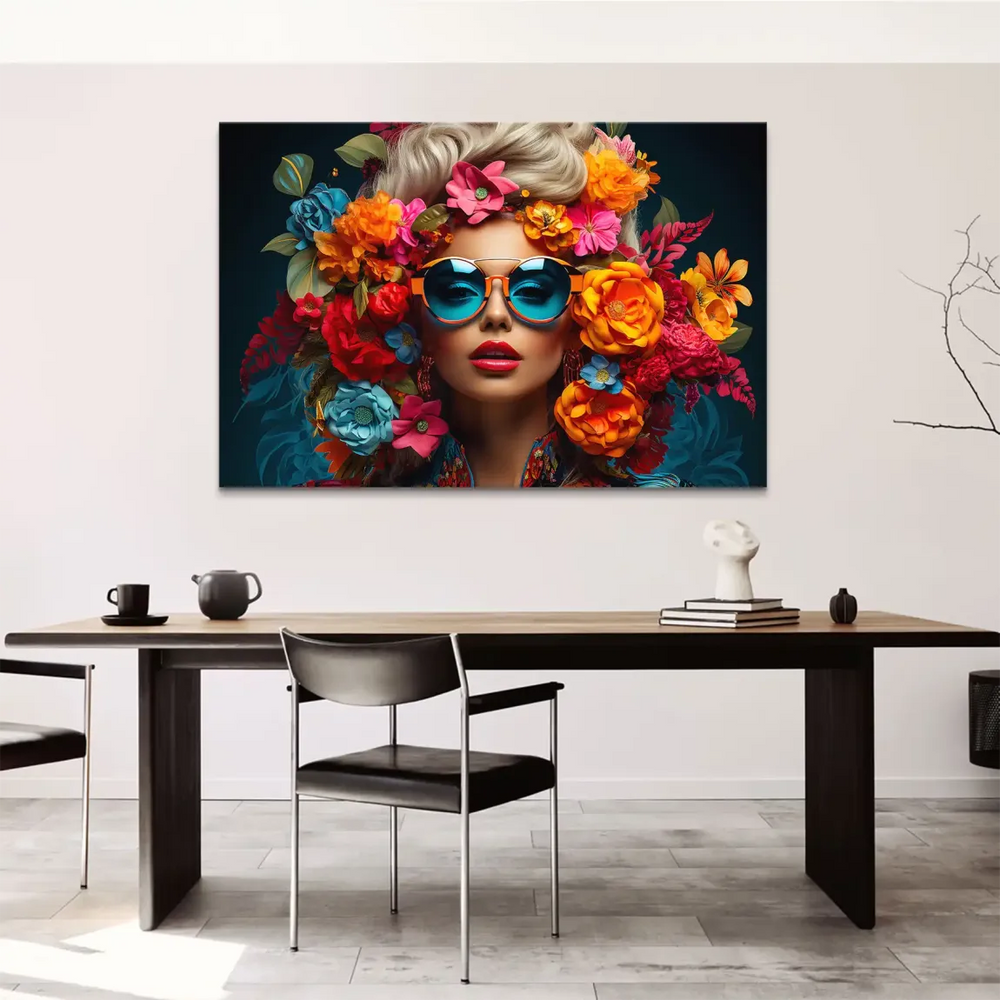 A colorful bouquet forms a crown above the woman’s head in a contemporary pop-art style.