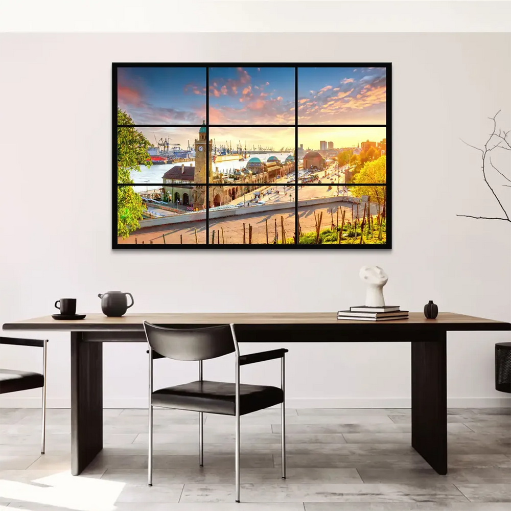 Evening Hamburg harbor cityscape canvas print with water reflections under a warm sunset.