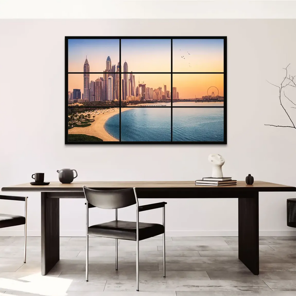 Panel 2: Glowing orange and gold sky over towering skyscrapers reflecting on water