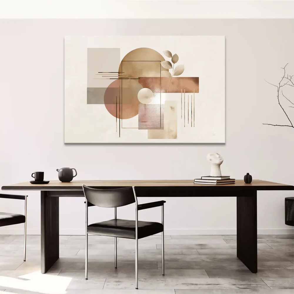 Close-up showing soft gold texture and muted earthy colors in the abstract geometric composition