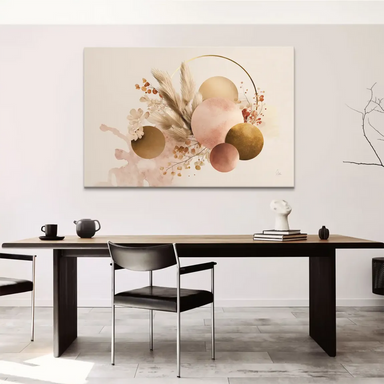Close-up of serene boho abstract wall art featuring soft blush tones, earthy gold, and subtle watercolor accents.