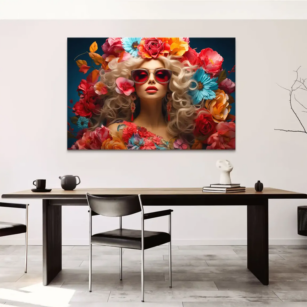 Full view of Flower Queen canvas print showing the floral collage blending with the figure.