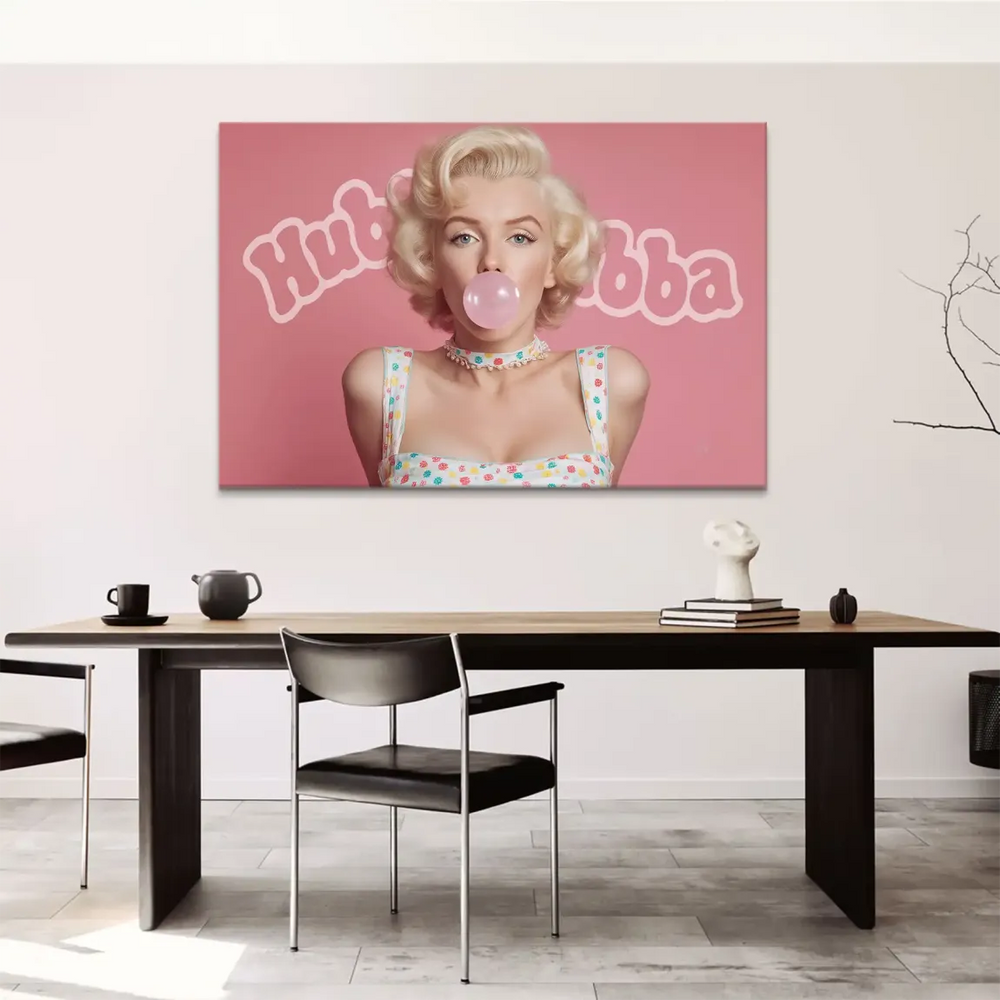 Close-up of bold Hubba Bubba typography on a vibrant pink Pop Art background.