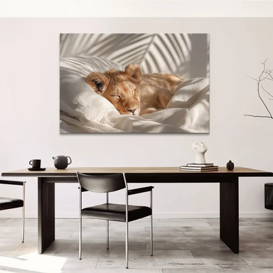 Minimalist photographic canvas of a peaceful sleeping lion cub