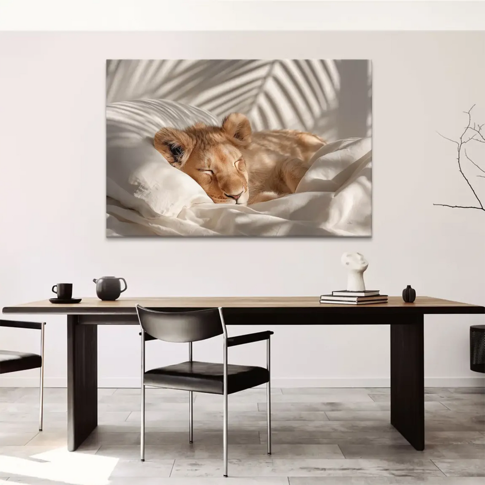 Minimalist photographic canvas of a peaceful sleeping lion cub