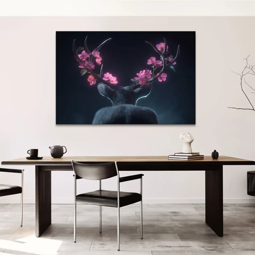 Modern fantasy animal wall art featuring a blossom-adorned deer with magenta flowers and blue-green accents.