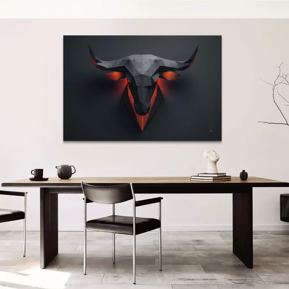 Low-poly bull head artwork with glowing fiery eyes on a dark background