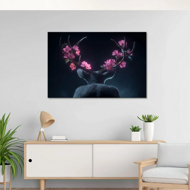 Boho style floral deer canvas art in landscape orientation, ideal for bedrooms and living rooms.