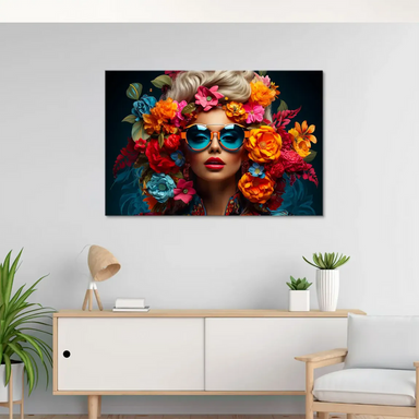 High-saturation oranges, fuchsias, blues, and reds create a dramatic, fashion-forward wall art piece.