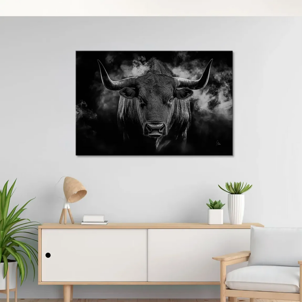 Symmetrical composition bull portrait on canvas with swirling smoke and deep shadows.