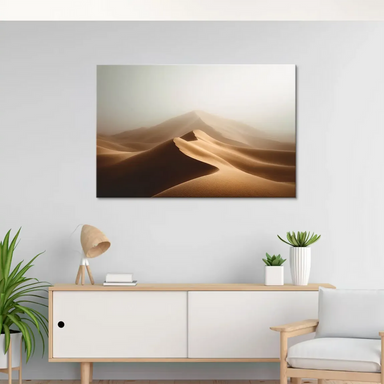 Minimalist desert wall art featuring muted gray-white horizon and earthy palette