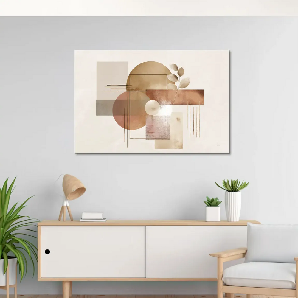 Minimalist wall art with circles, squares, and rectangles interwoven with a fine botanical element