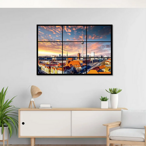Panoramic cityscape wall art showing Red Town Hall and historic spires against a warm sky