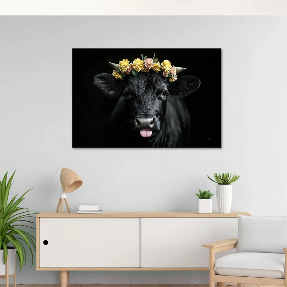 Whimsical Flowery Cow Canvas Art with floral crown