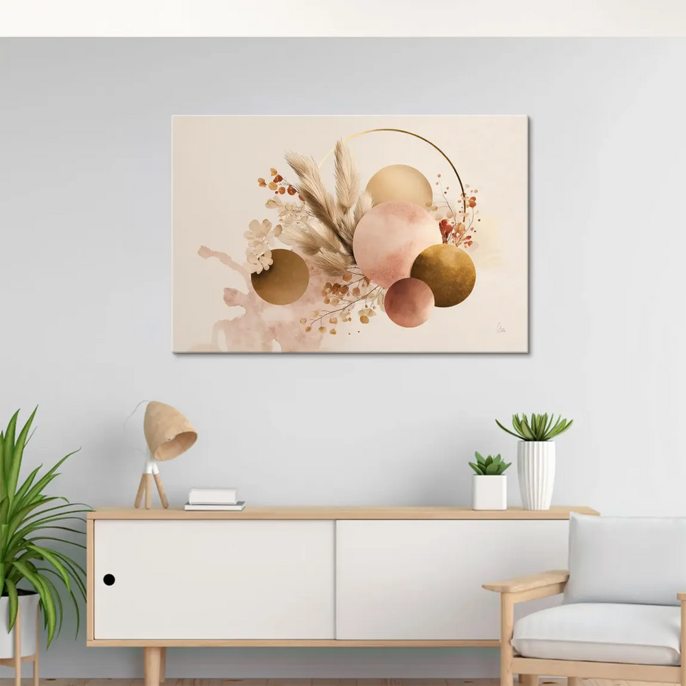 Spheres and dried botanicals arranged in a minimalist boho canvas print with organic shapes and a gold ring.
