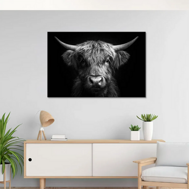 Shaggy Highland cattle with large horns depicted in grayscale canvas art