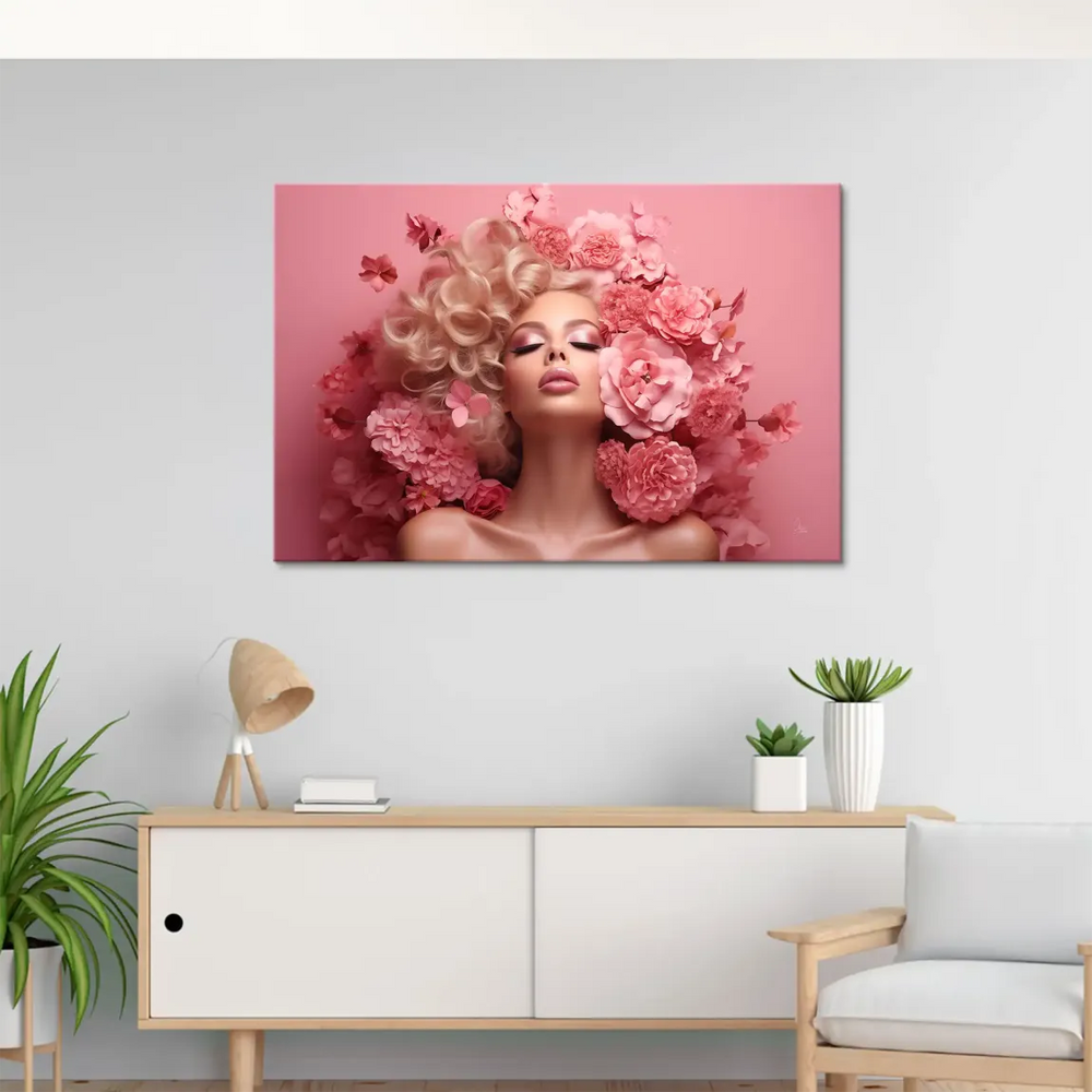 Hyperrealistic canvas featuring a glamorous woman surrounded by pink flowers and soft blush tones.