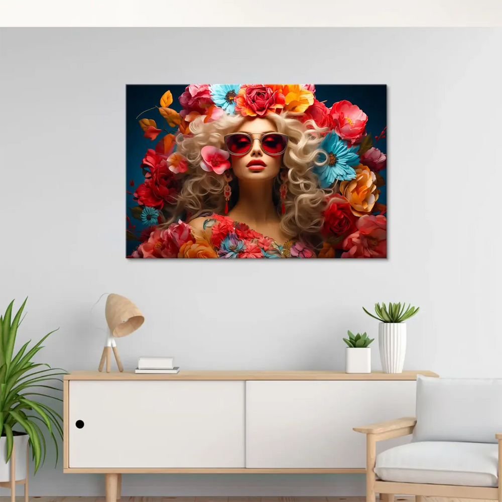 Close-up of the woman with bold red lips and red sunglasses amid a vivid bouquet.