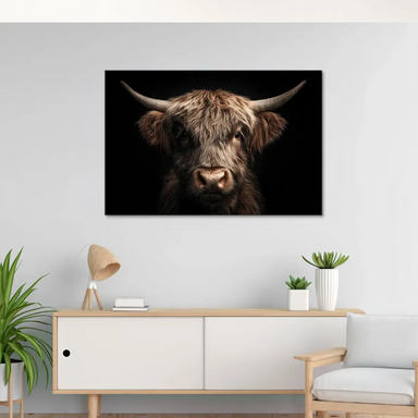 Front-facing Highland cattle portrait with wet nose in a centered composition