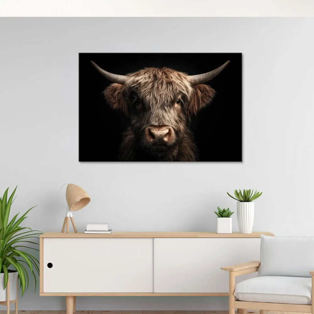 Front-facing Highland cattle portrait with wet nose in a centered composition