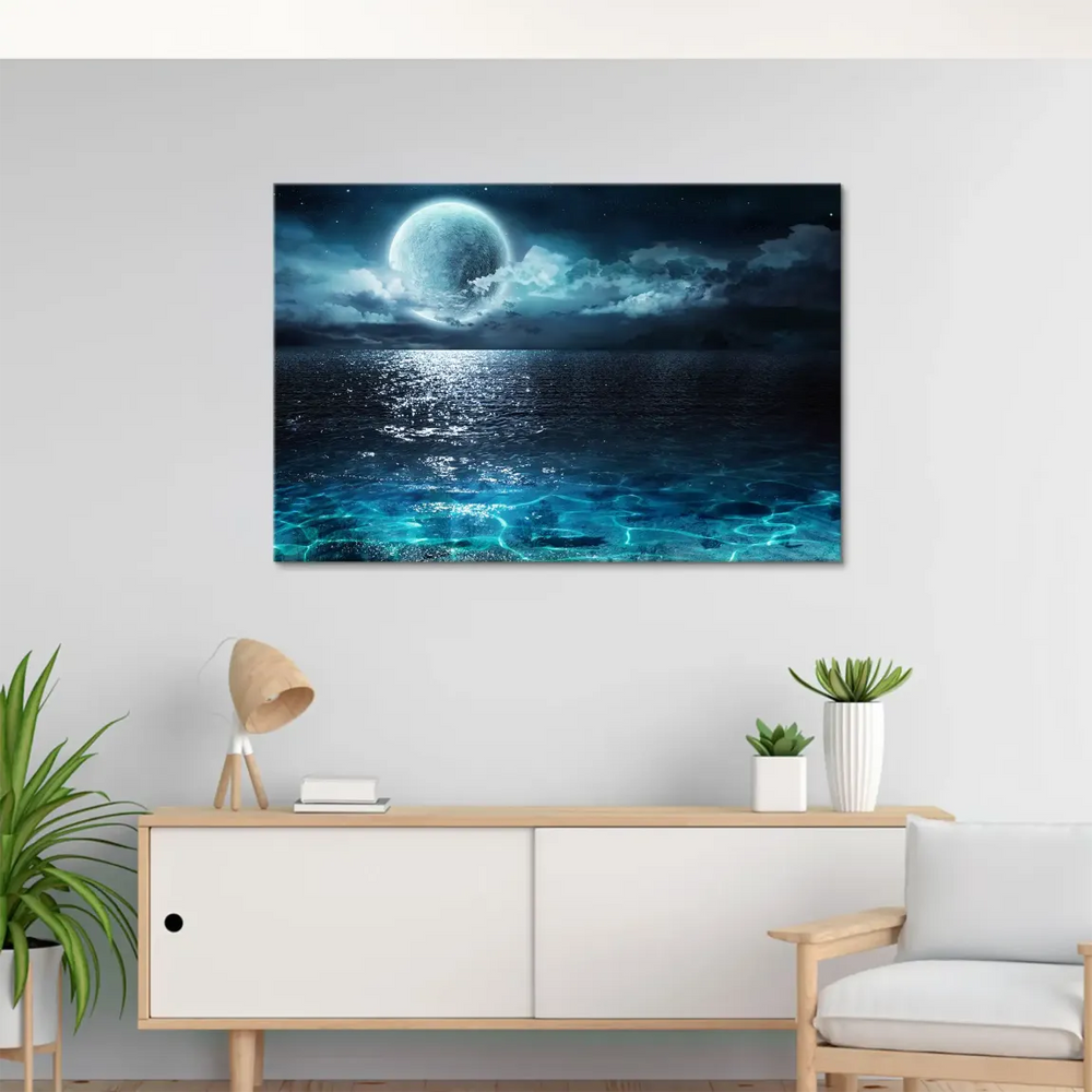 Contemporary wall art featuring a serene moonlit ocean and glowing water hues
