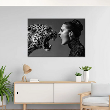 Dramatic, fashion-forward wall art with a primal confrontation between animal and human.